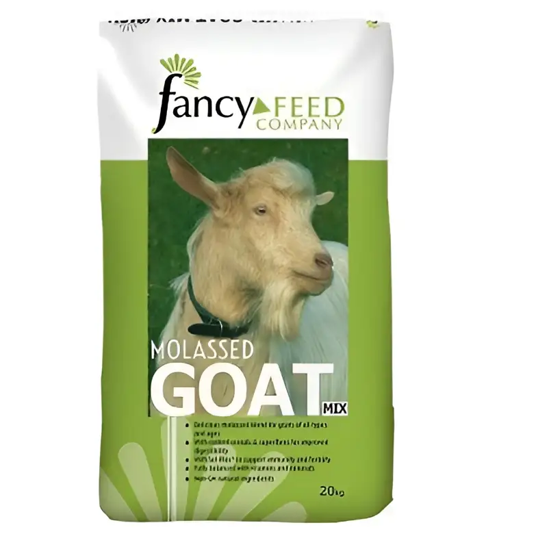 Fancy feeds molassed goat mix 20 kg in green and white bag with light-colored goat for feeding molassed goat