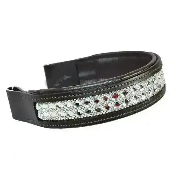 Black leather fancy showing diamante crystal browband with red and silver crystals on padded leather strap
