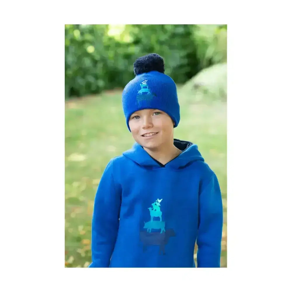 Bright blue knitted farm collection hat with black pom-pom and light blue reindeer design for child warm headwear