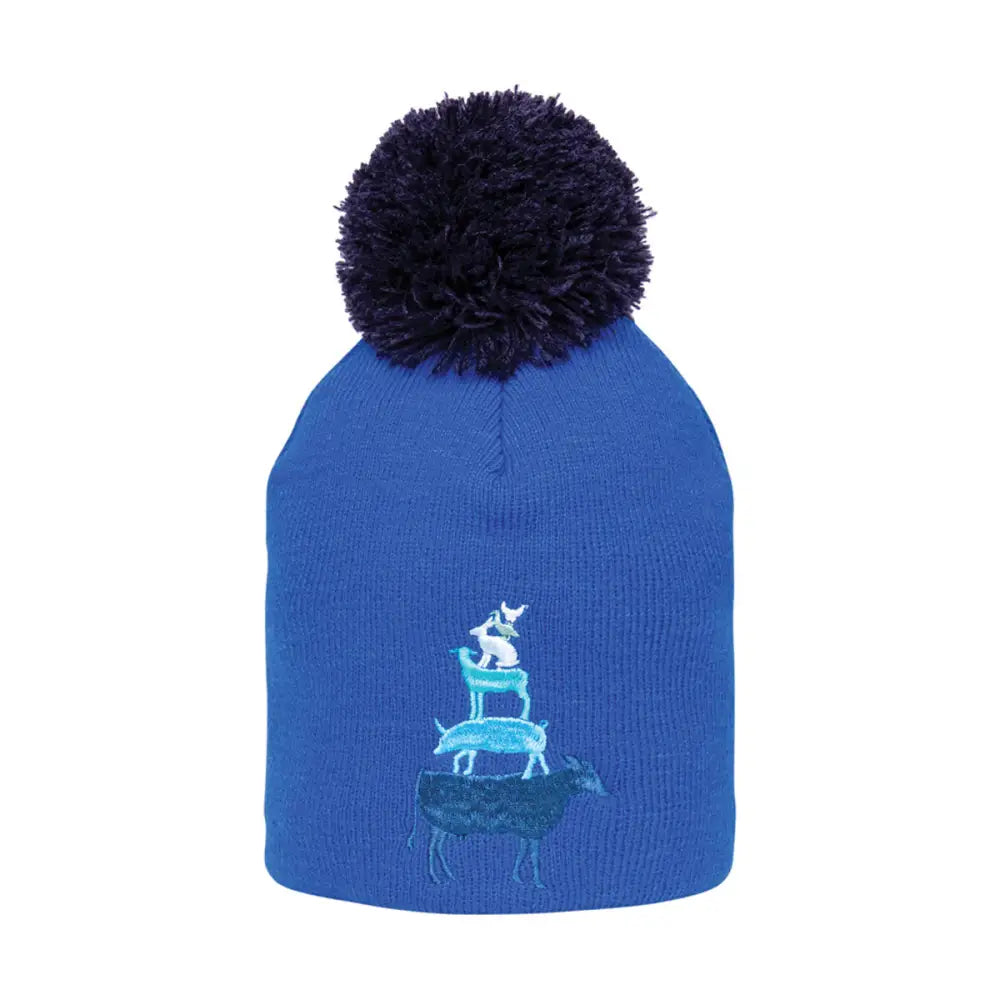 Blue knitted farm collection hat with dark navy pom-pom and teal white stacked animals embroidery for child warm headwear