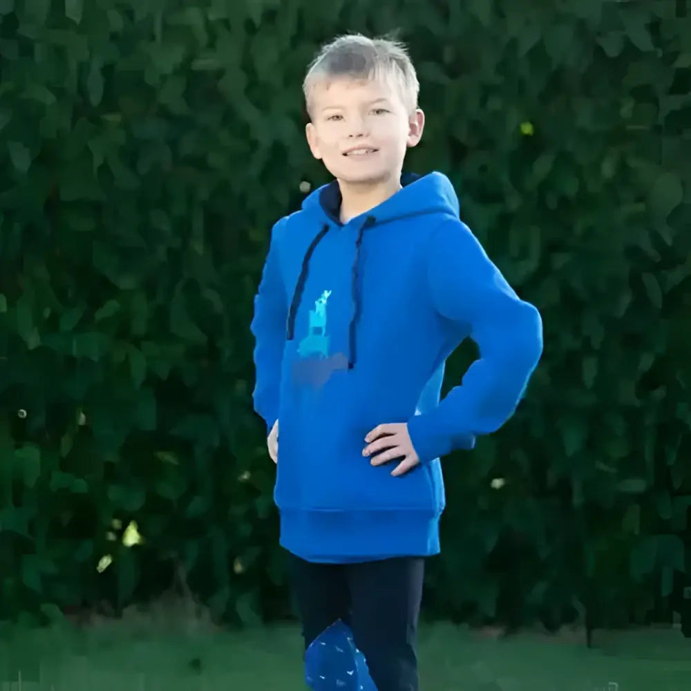 A bright blue cosy farm collection hoodie by little knight with a light-blue chest graphic and black drawstrings