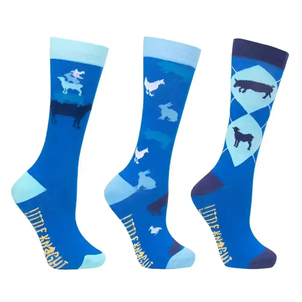Three blue farm collection socks by little knight with white farm animal pattern made from breathable bamboo fabric
