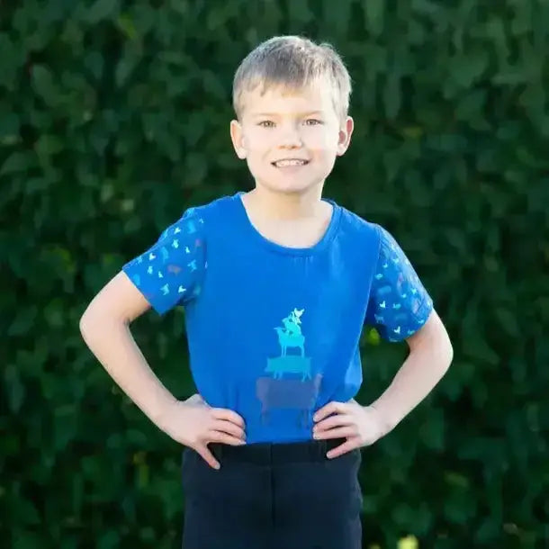 Blue short-sleeved farm collection t-shirt by little knight with light blue deer graphic and repeated farmyard animals on sleeves