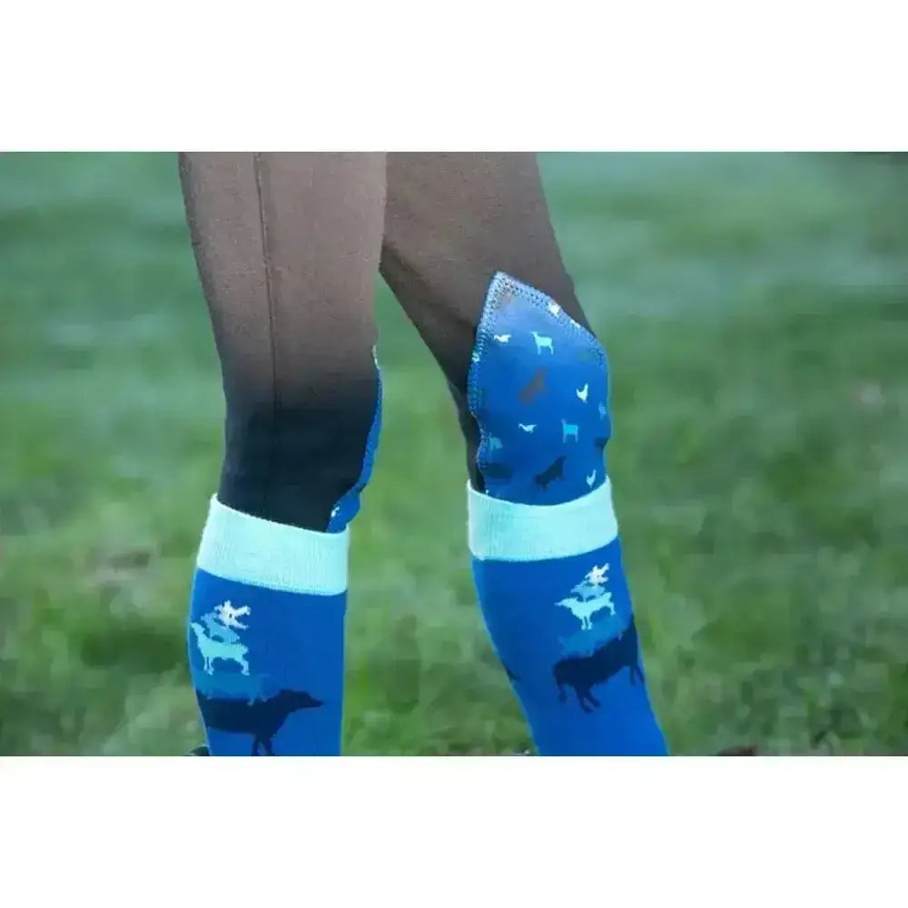 Blue farm collection tots riding socks with white black animal silhouettes and light blue ribbed cuff by little knight