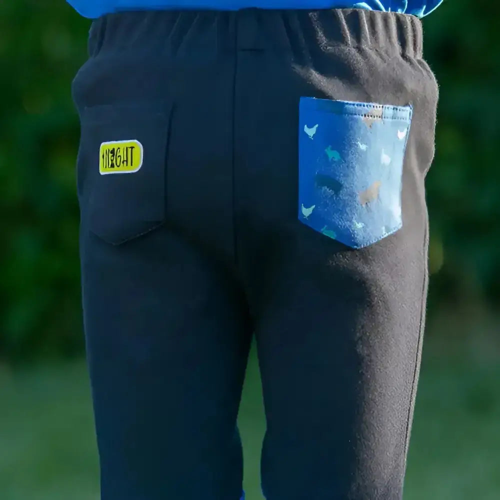 Farm collection tots dark blue sweatpants with bright yellow 1234 patch and playful chicken duck fish pocket detail