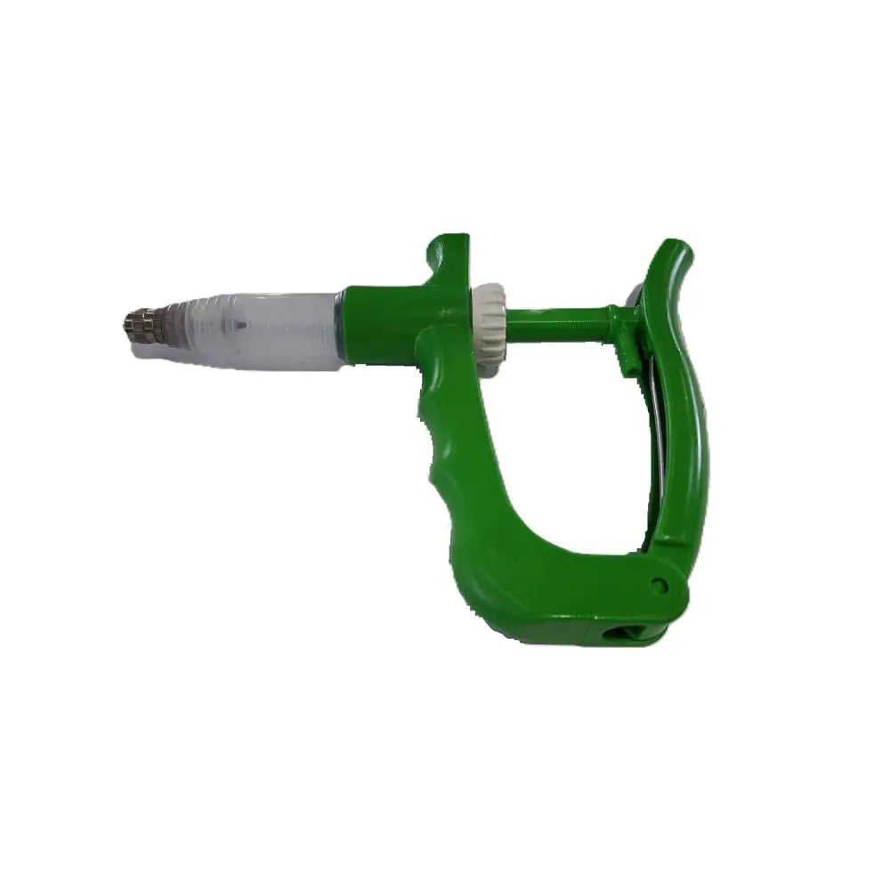 Green plastic veterinary syringe with clear barrel and metal needle tip for precise dosing farmaco v-shape jector