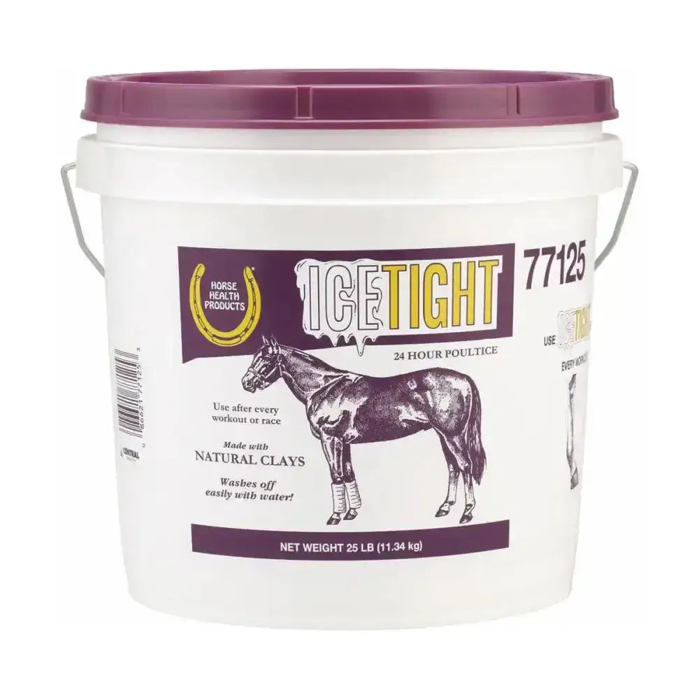 White plastic bucket with maroon lid and handle labeled farnam icetight 24 hour leg clay for cooling lotions in horse care