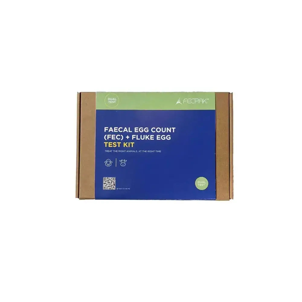 Blue and green cardboard box of fecpak lab dual test kits for fecal egg count and fluke egg testing by fecppk