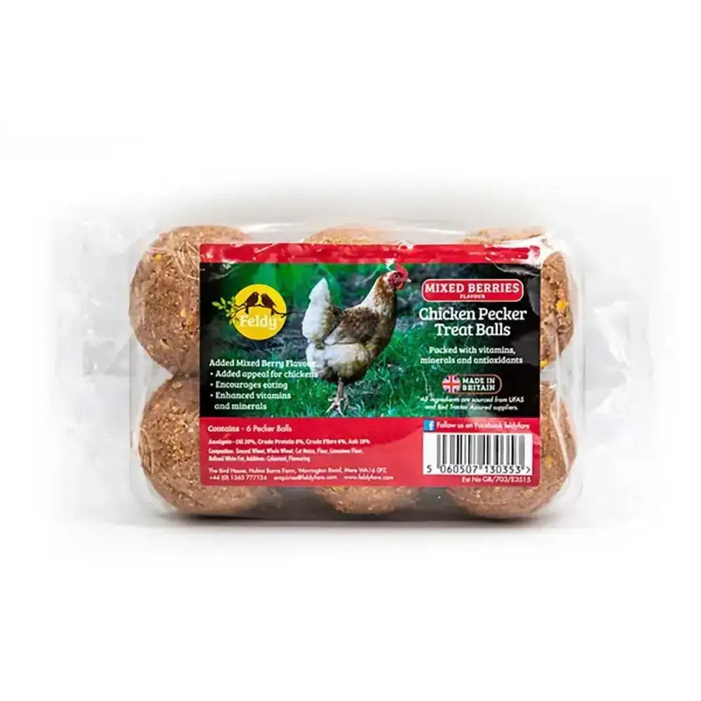 Feldy chicken pecker treat balls in clear plastic bag with mixed berry flavor and red green labeling, innovative pecker treat