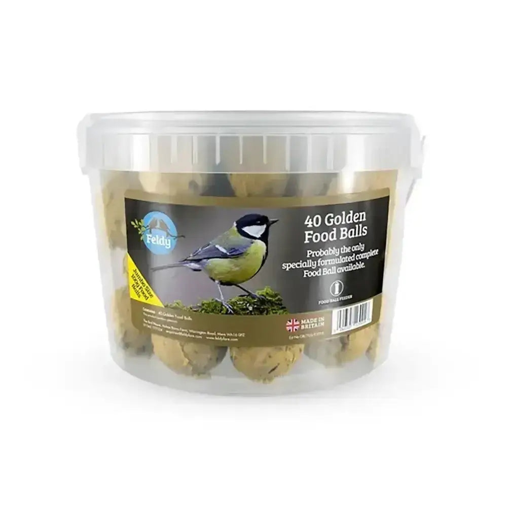 Clear plastic tub with 40 feldy golden food balls in gold for wild bird food featuring tit design label