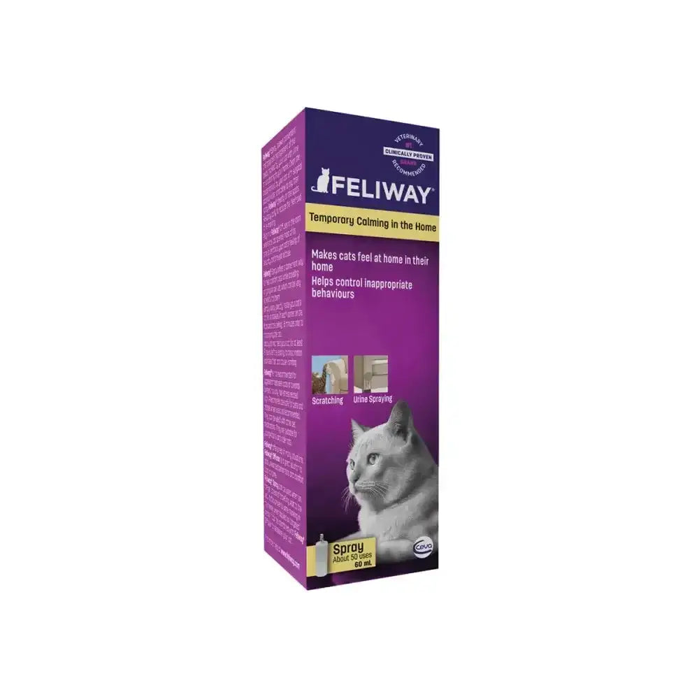 Purple rectangular box of feliway temporary calming home spray with synthetic copy feline facial pheromone for reducing cat scratching and urine spraying