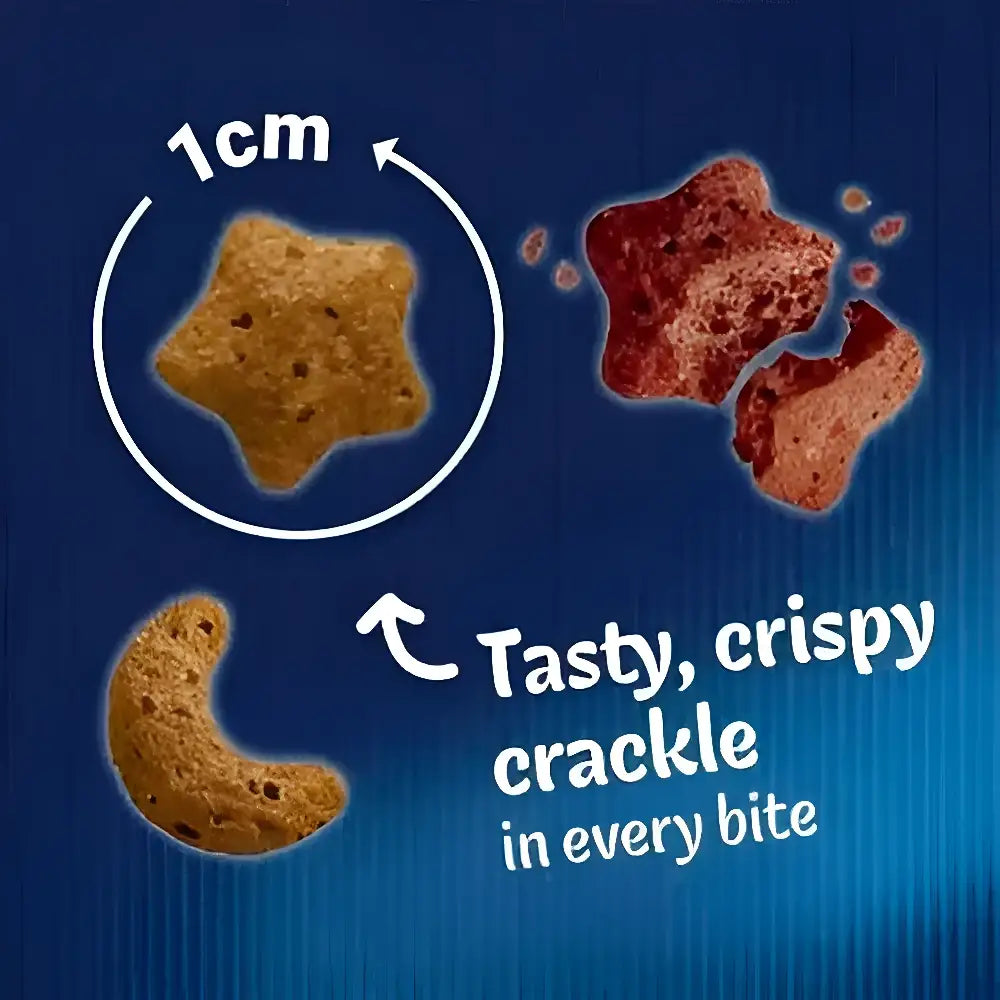 Golden star and crescent shaped crispy snack crackers from felix crispies cat treat beef and chicken 180g pack