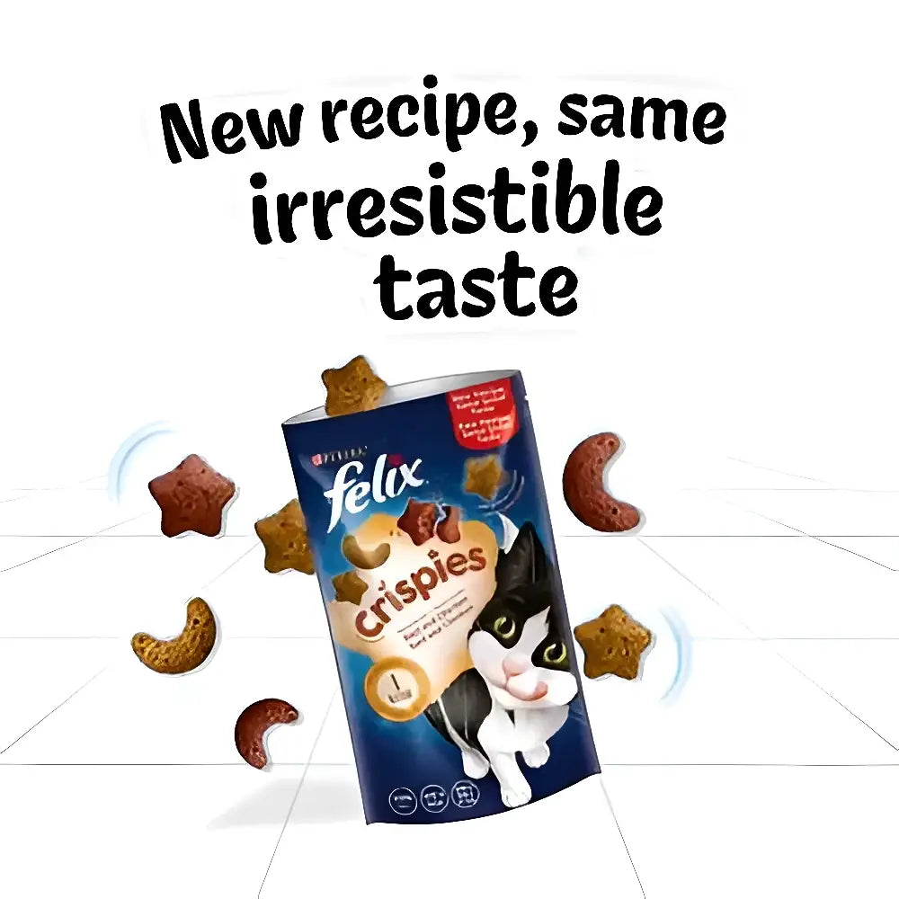 Blue felix crispies cat treats pouch with star and crescent shaped beef and chicken treats in brown and gold hues