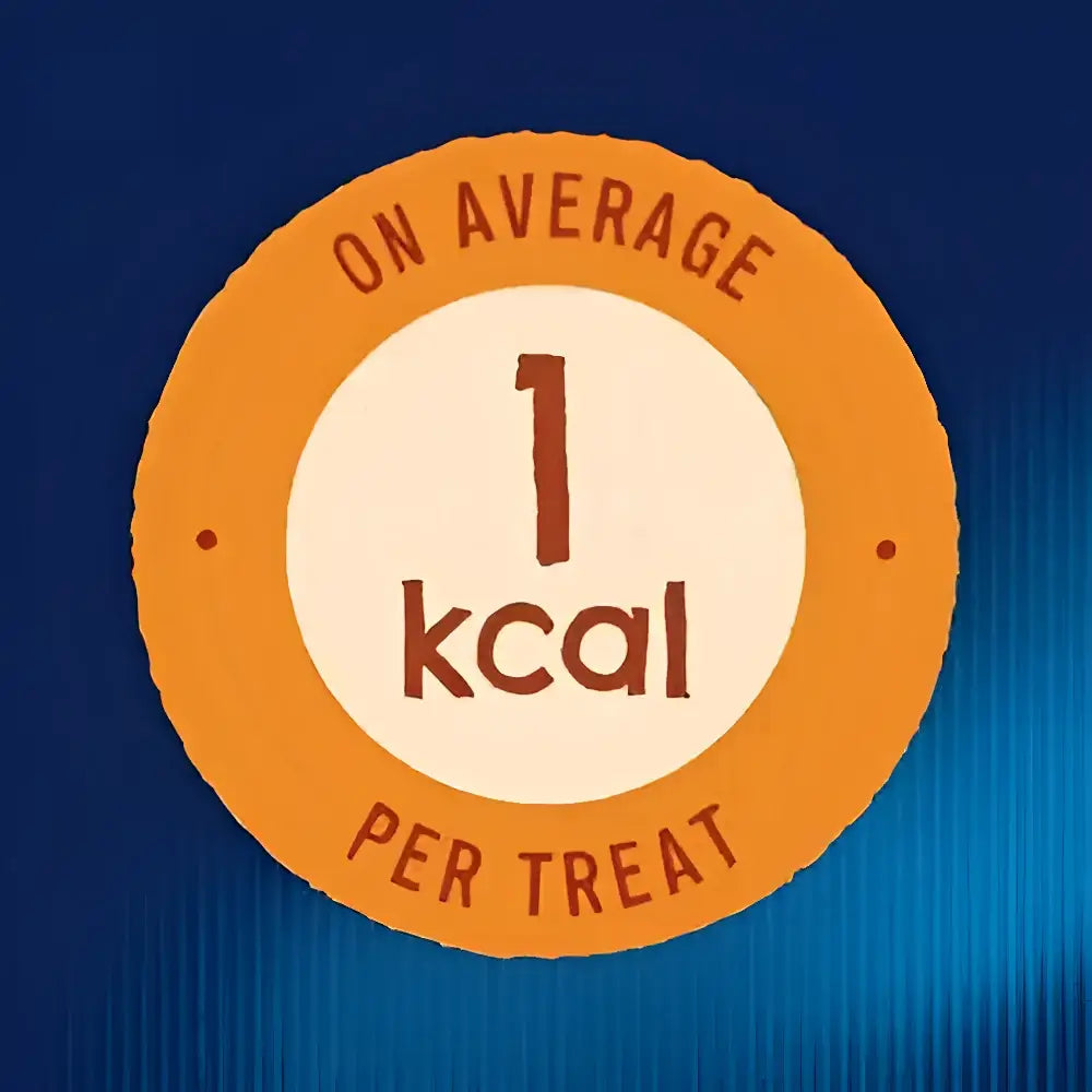 Orange label on felix crispies cat treats beef and chicken showing on average 1 kcal per treat in cream center