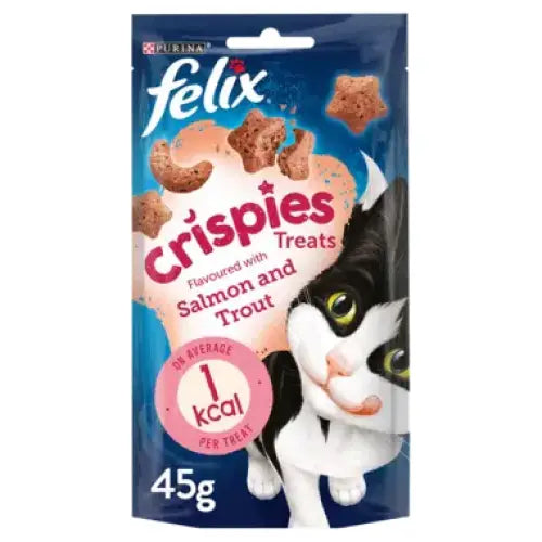 Felix crispies cat treats salmon and trout flavored in a 45g blue pouch with a black and white cartoon cat design