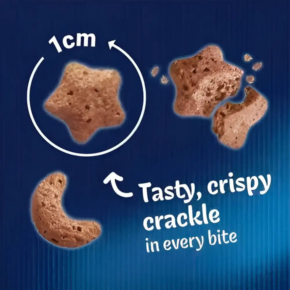 Brown star and crescent shaped crunchy felix crispies cat treats with textured surface salmon and trout flavor