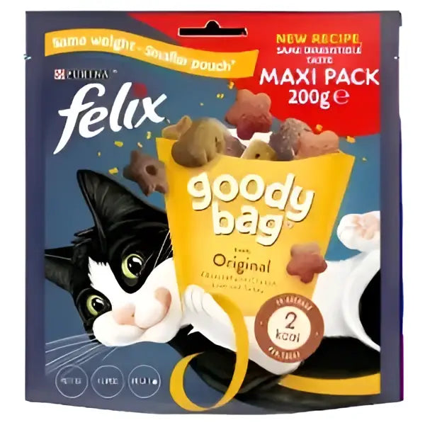 Felix goody bag original mix treats in a yellow pouch with a black and white cartoon cat illustration 200g