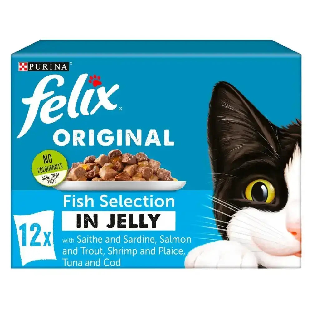 Blue rectangular box of felix pouch multipack fish selection jelly wet cat food featuring a black and white cat illustration