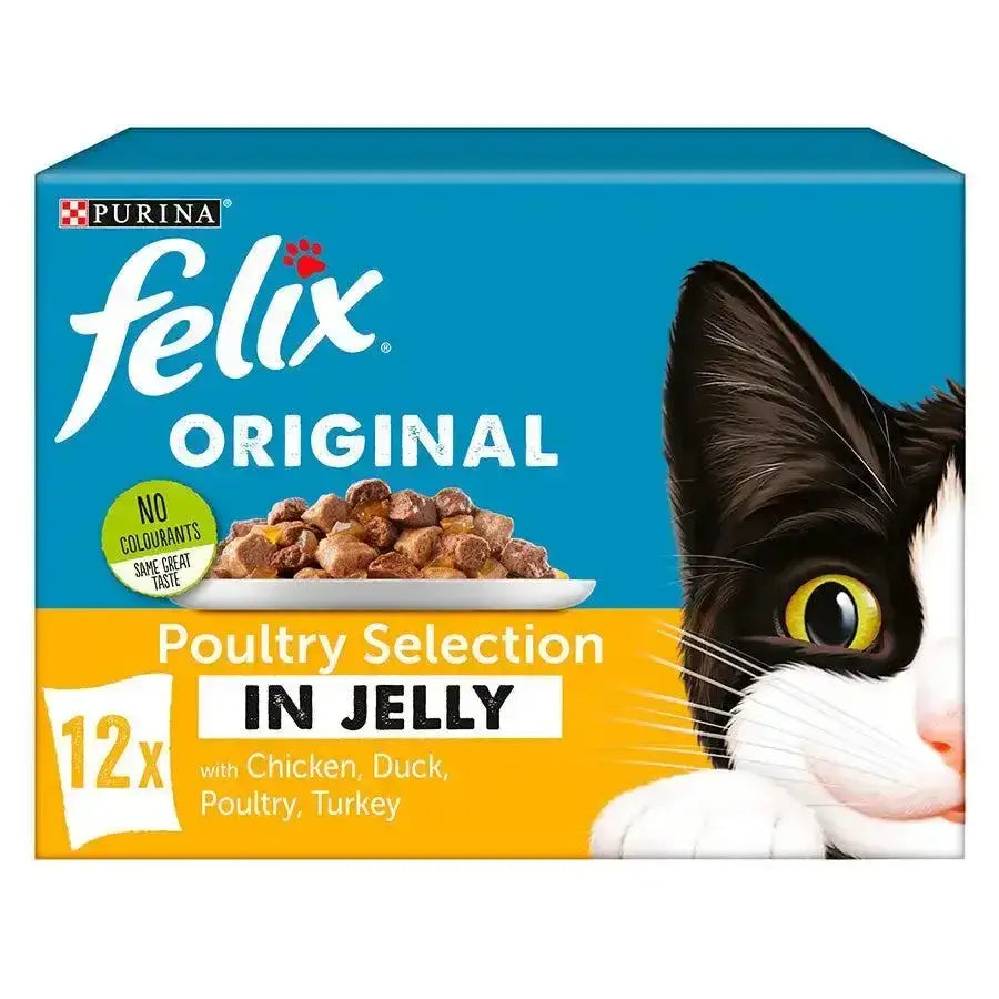 Felix wet cat food pouch multipack poultry in jelly with black and white cat on blue and yellow packaging