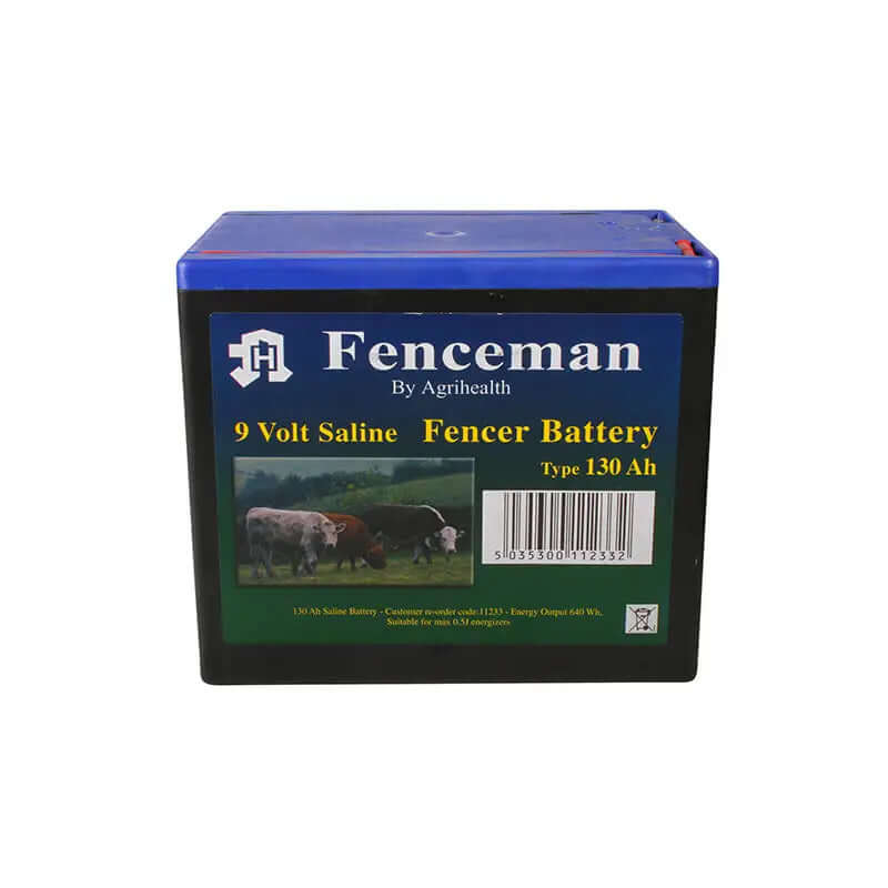 Fenceman 9v saline fencer battery 130 ah in blue black casing with green label featuring cattle for farming use
