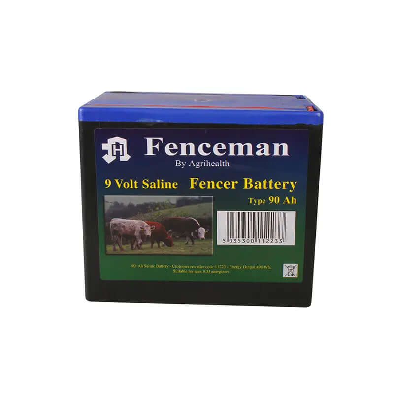 Blue and black fenceman 9v saline battery with green cattle label type 90 ah saline fencer battery for farming use