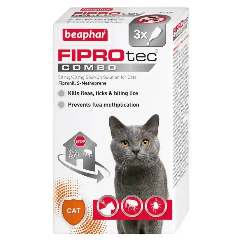Beaphar fiprotec combo cat spot-on solution in white box with red and gray branding featuring a grey cat for biting lice control