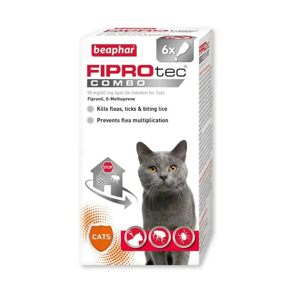 Beaphar fiprotec combo cat spot-on solution for biting lice in a white box with red and gray accents and a grey cat image