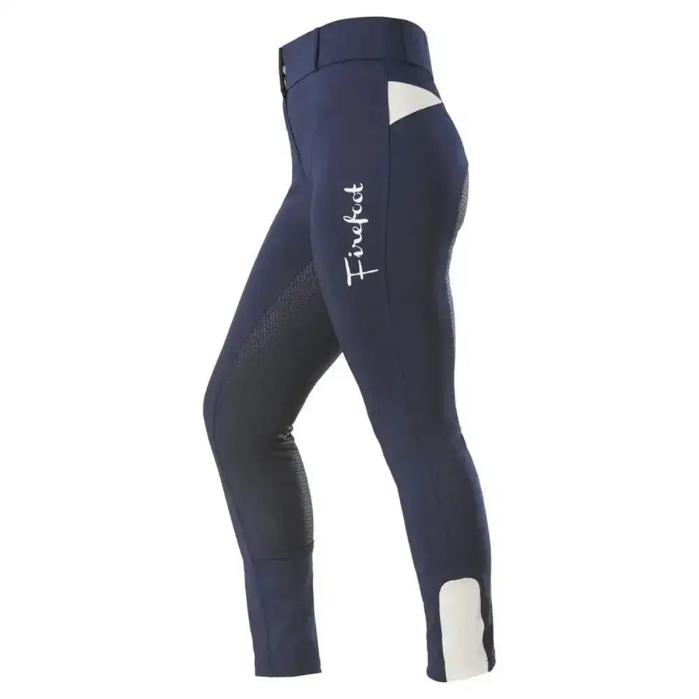 Navy firefoot bankfield sticky bum breeches ladies with white accents and mesh panels for equestrian riding