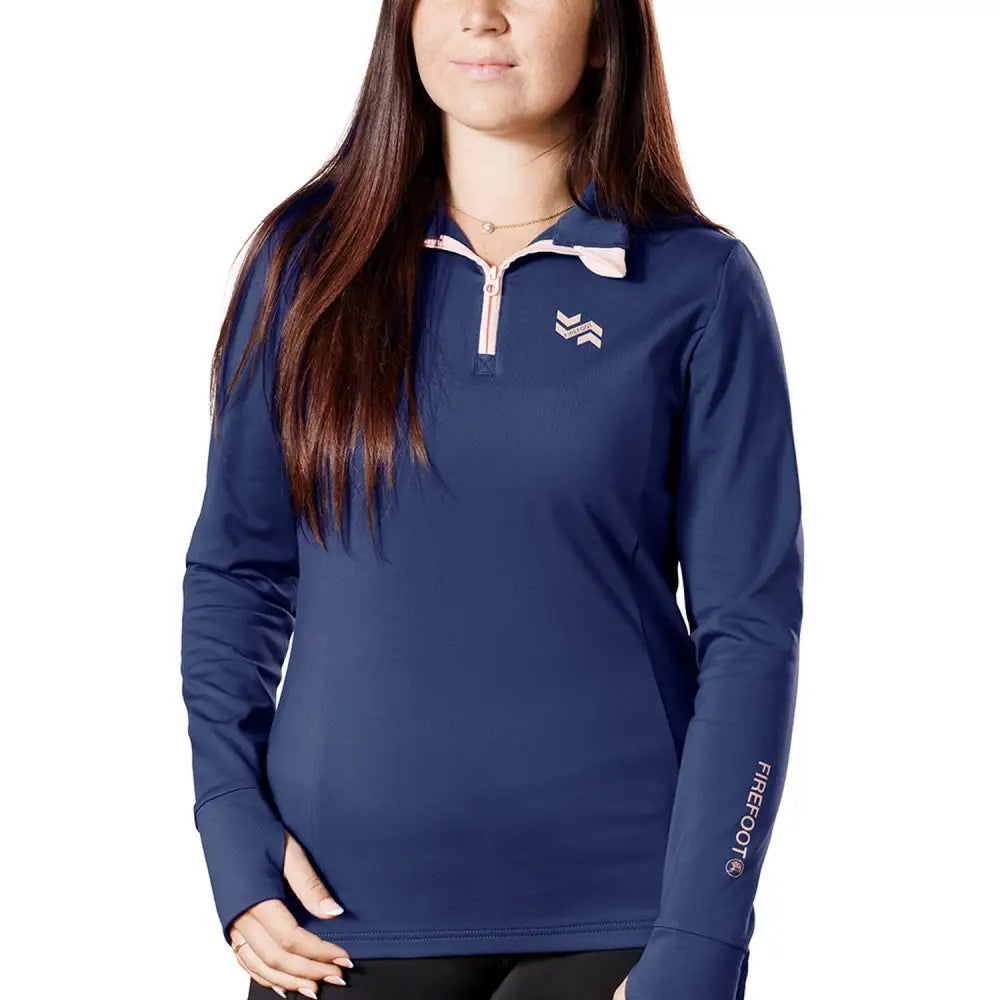 Navy firefoot birkby fleece lined baselayer ladies polo shirt with pink zipper collar trim and sleeve branding