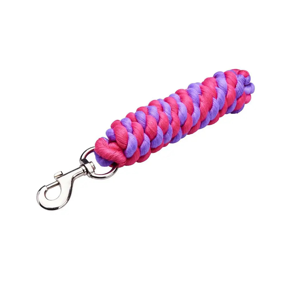 A vibrant pink and purple braided rope firefoot economy lead rope with a silver metal clip for easy use