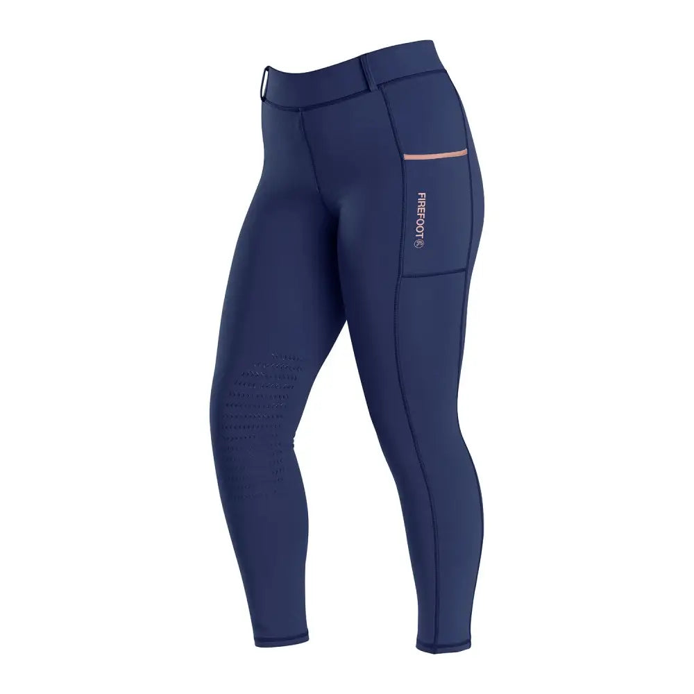 Navy firefoot helmsley riding tights ladies with rose gold side pocket and perforated thigh detailing seat riding tights