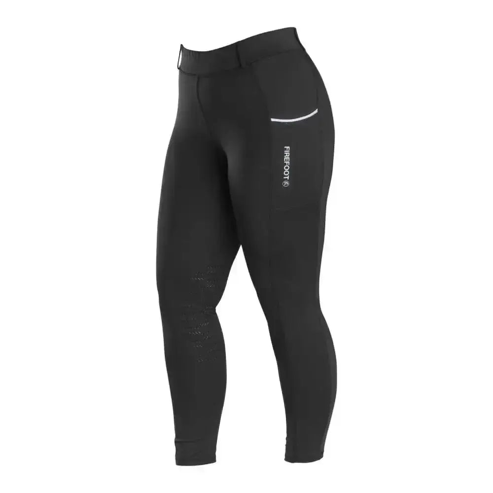Black firefoot howden riding tights kids with high waist white logo on thigh and subtle reflective striping