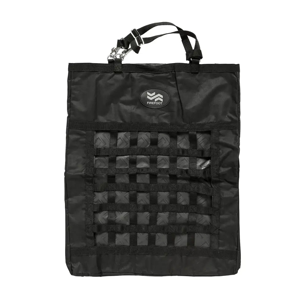 Black firefoot rectangle haybag with mesh grid and adjustable strap handle for easy horse feeding