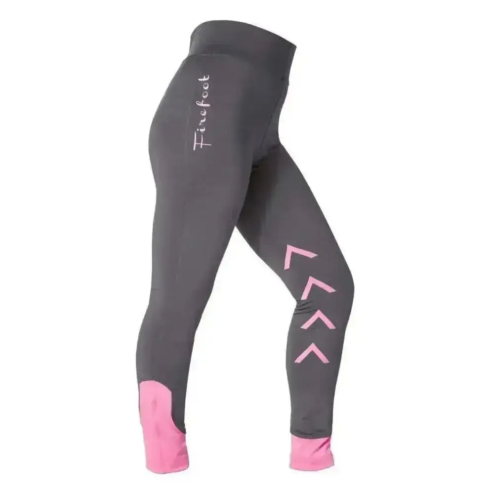 Dark gray firefoot ripon riding leggings with pink arrows and cuffs featuring finefoot branding in stretch ladies breeches