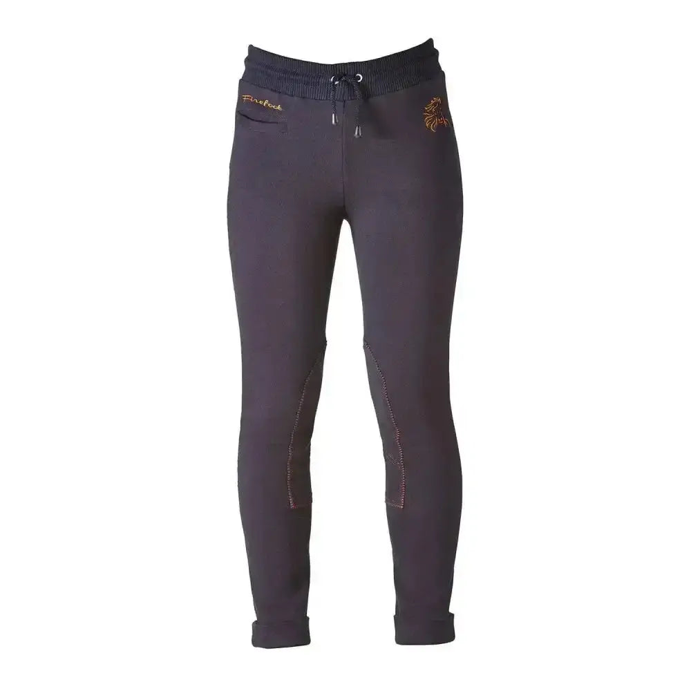 Black firefoot saltaire jodhpurs with drawstring waistband and subtle gold embroidery on side pockets for casual wear