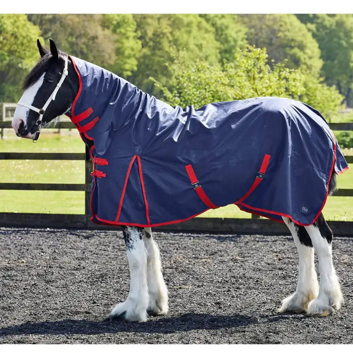 Navy blue firefoot turnout rug fixed neck 100gm with red trim and adjustable straps for secure fit