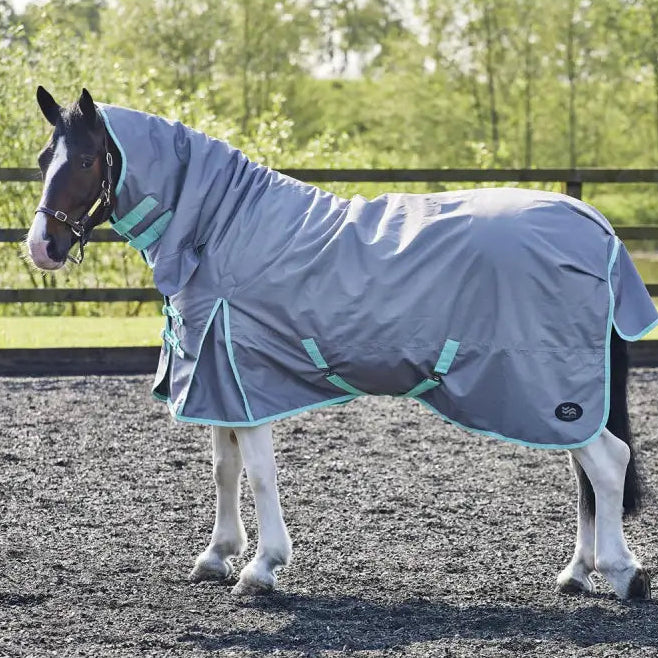 Gray horse blanket firefoot turnout rug fixed neck 200gm grey with teal trim and reflective waterproof design