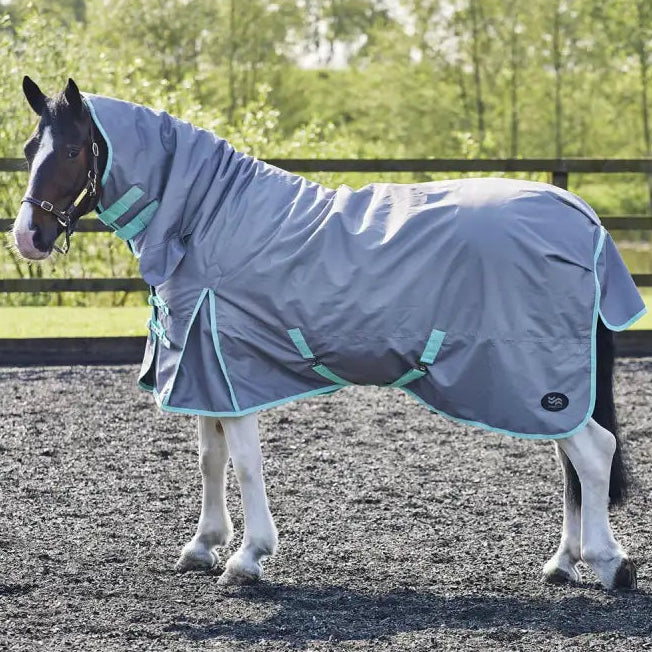 Gray firefoot turnout rug fixed neck 200gm grey with teal trim and reflective stitching for durable waterproof use