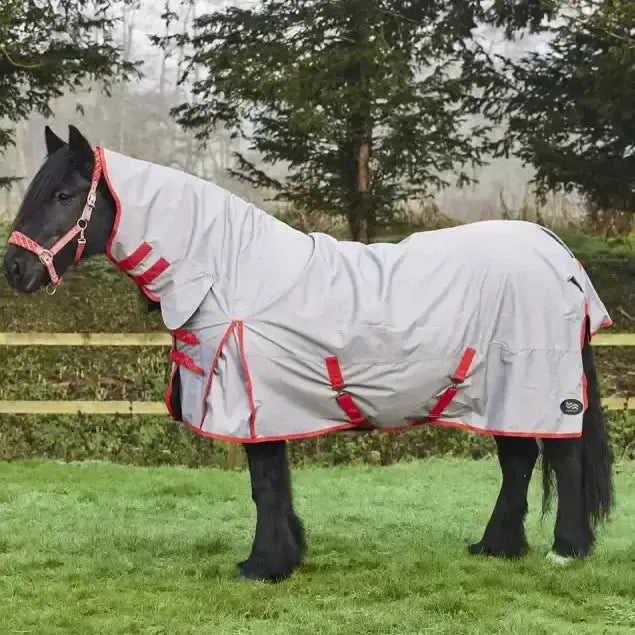 Gray firefoot turnout rug zero fill fixed neck grey with red trim and adjustable straps for equestrian use