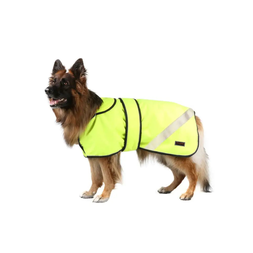 Bright lime green firefoot waterproof dog vest with black trim and diagonal silver reflective strip in vis yellow