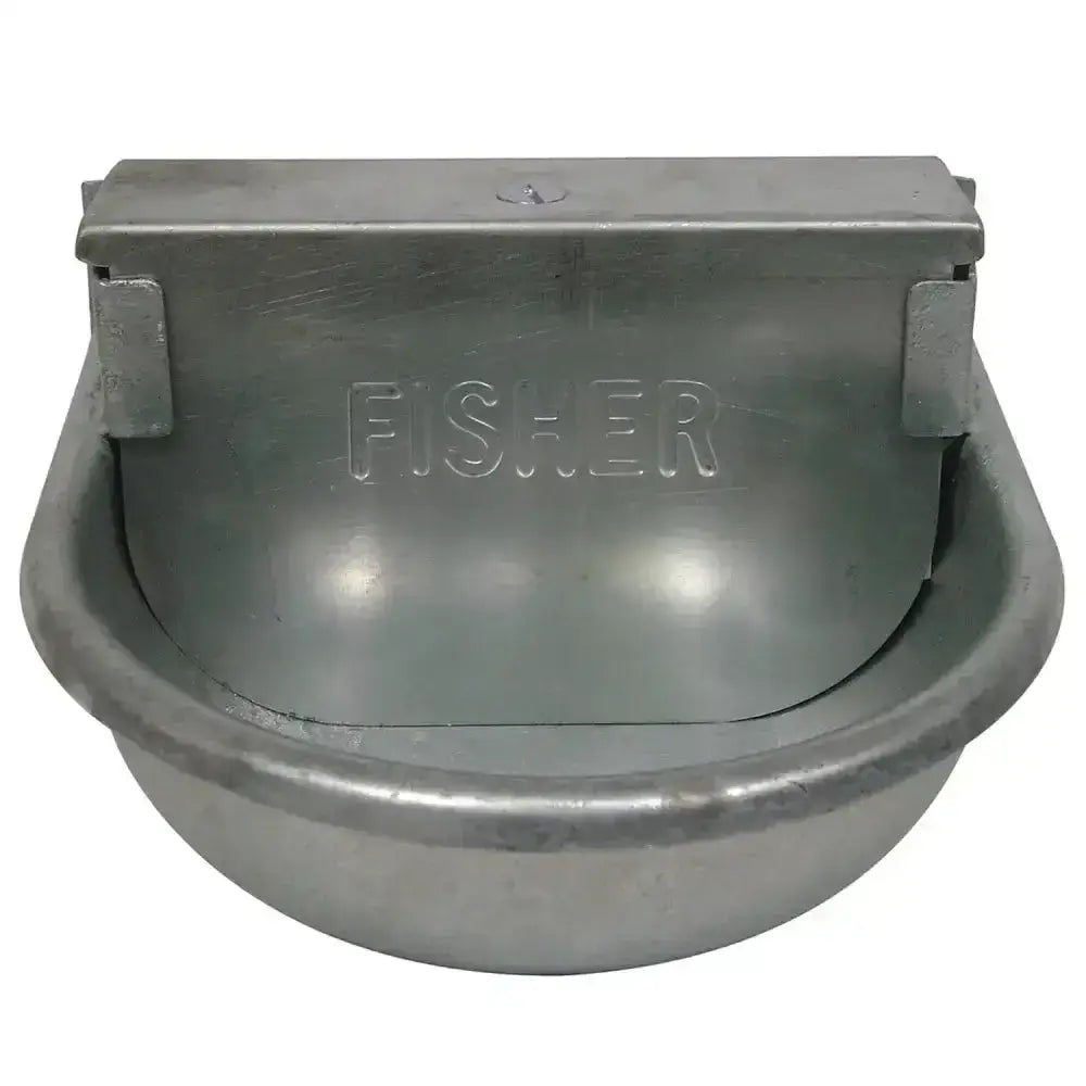 Gray metallic fisher alvin a102 drinker with hinged lid and embossed fisher branding for livestock watering