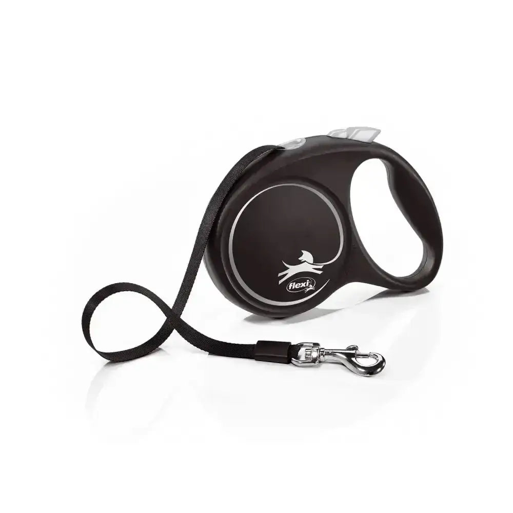 Black flexi retractable dog leash with modern ergonomic design and perfected tape guidance in flexi black design style