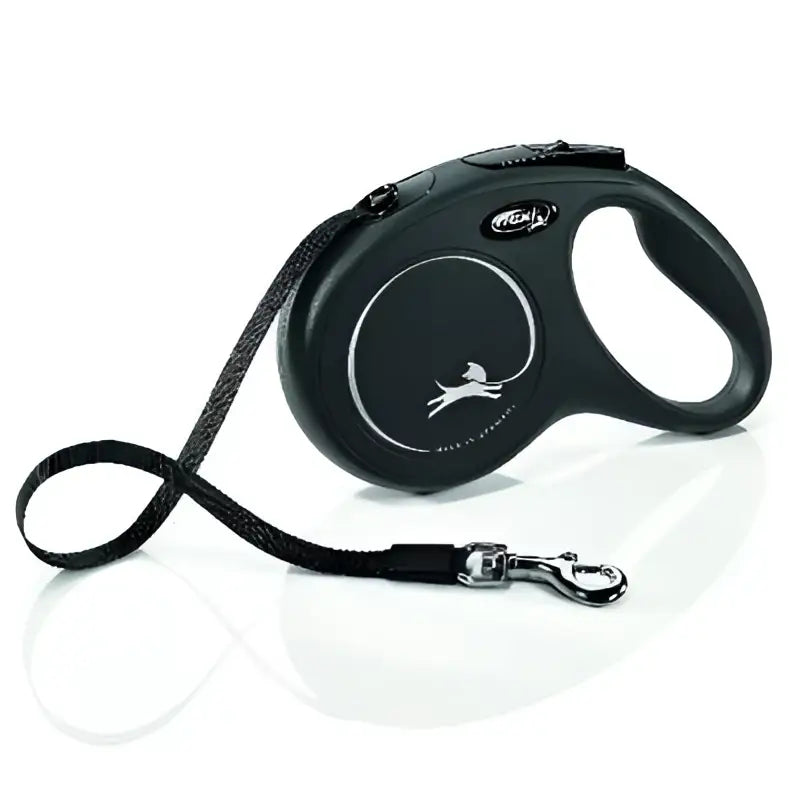 Black flexi classic tape medium retractable dog lead with ergonomic handle and silver logo detailing 5 m length