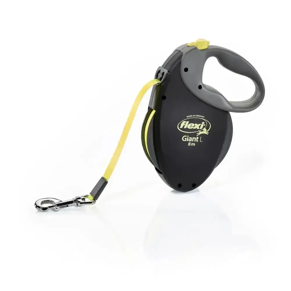 Black flexi giant neon tape yellow retractable dog leash with bright yellow cord and gray handle featuring perfected tape guidance