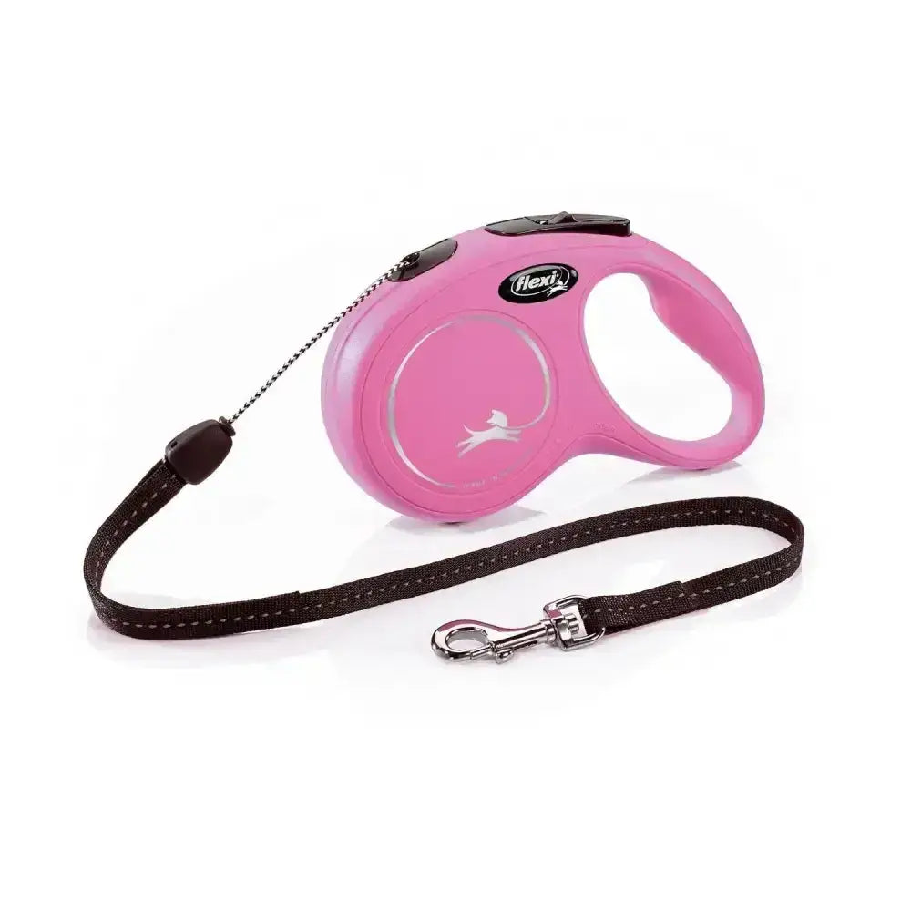 Pink flexi new classic cord pink retractable lead with black fabric strap and silver metal clasp for easy control
