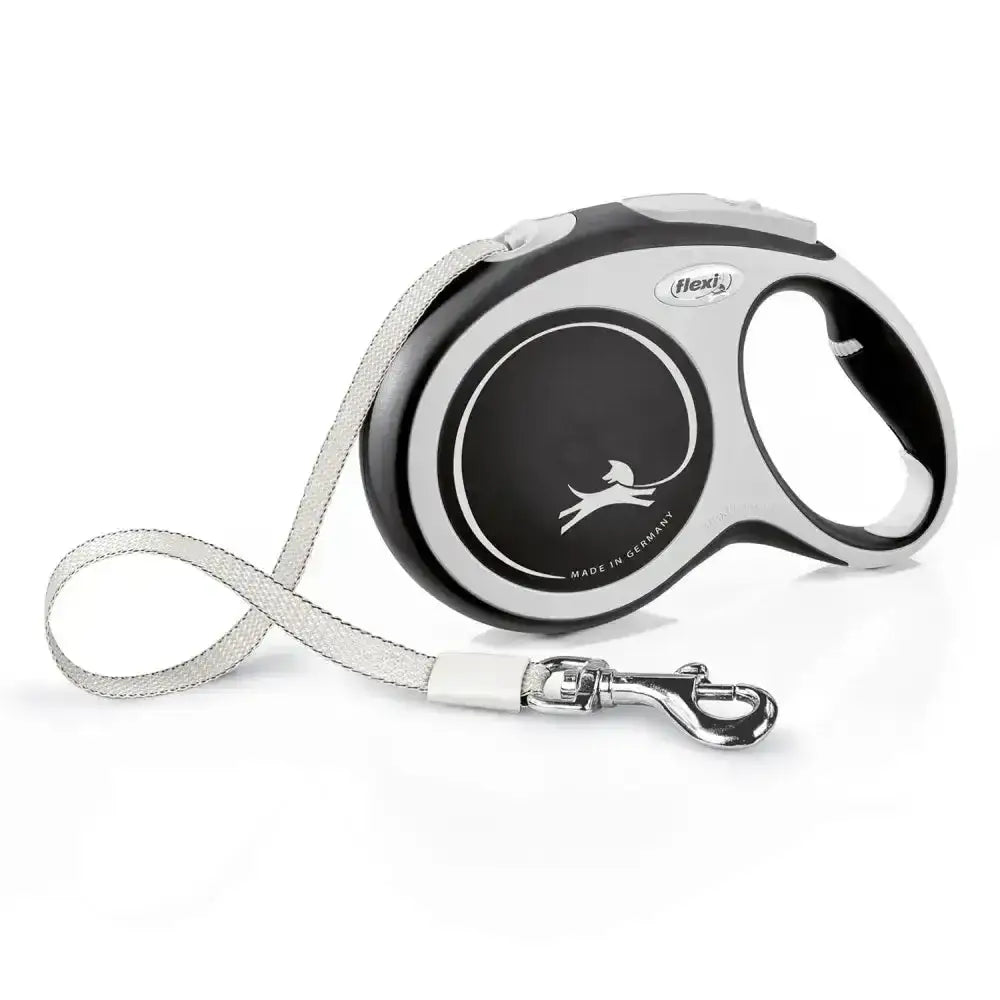 Silver and black retractable dog leash with flexi brand logo featuring comfort tape black and perfected tape guidance
