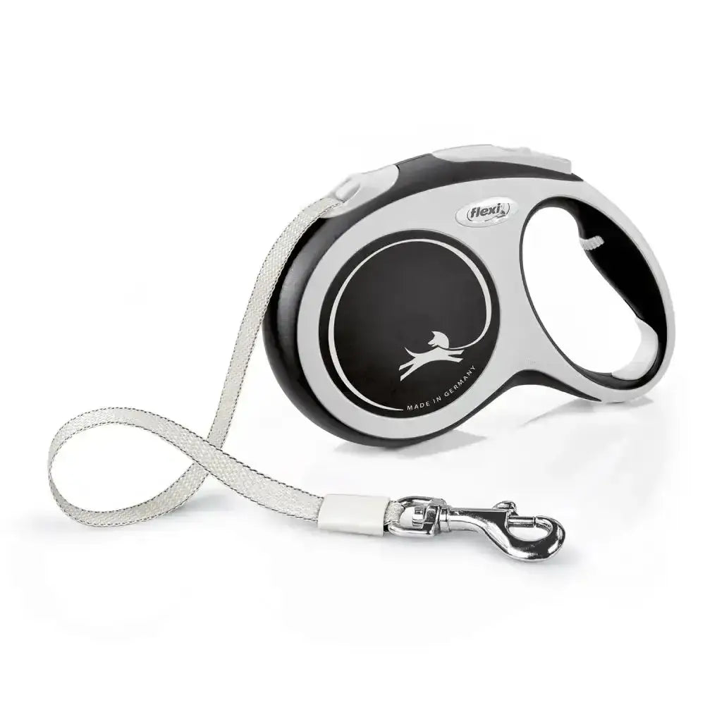 Silver and black flexi new comfort tape black dog leash with extra robust tape and sleek ergonomic handle
