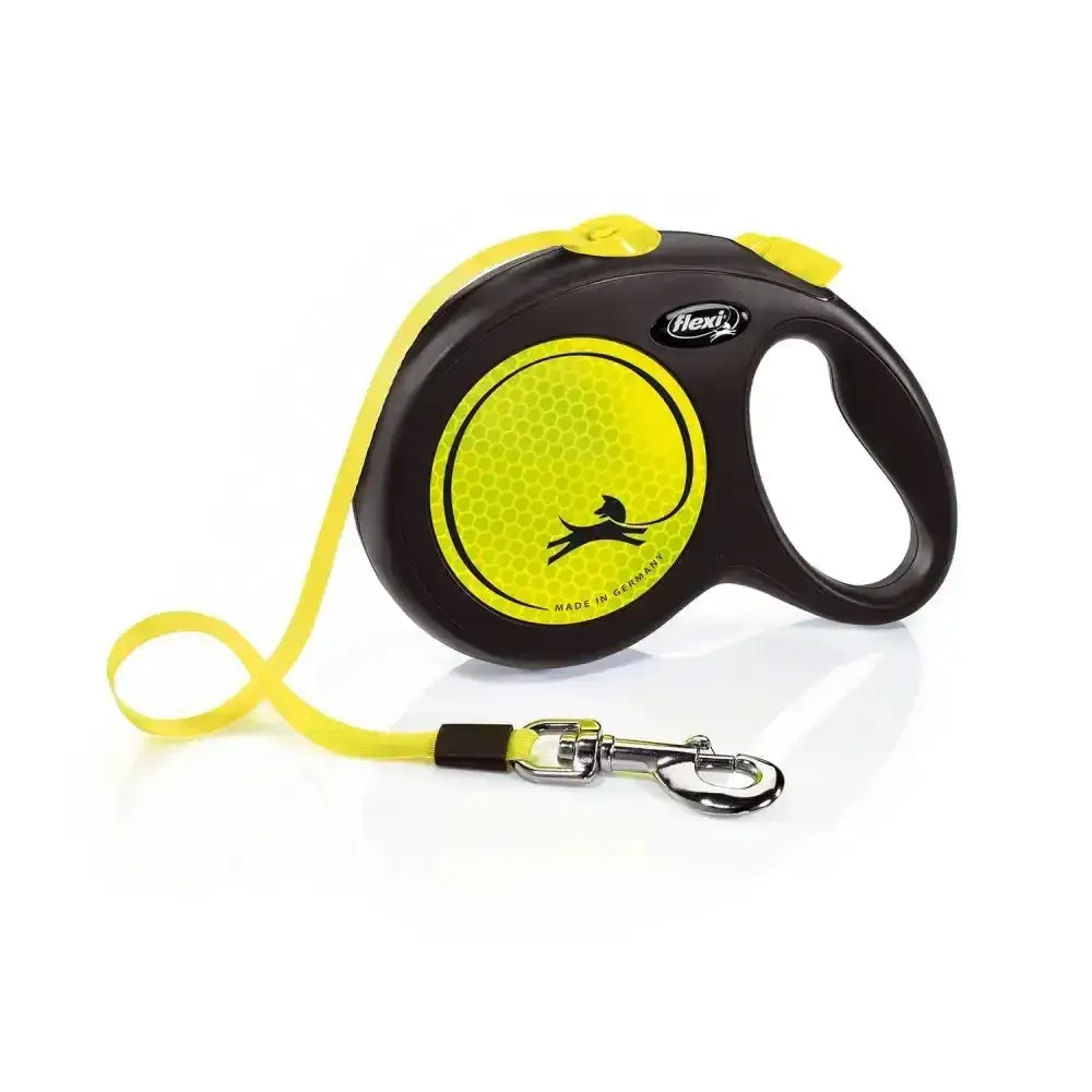 Vibrant yellow flexi new neon tape retractable lead with sleek black handle and reflective logo for enhanced visibility and perfected tape guidance