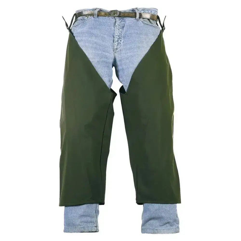 Olive green flexothane classic auckland waterproof leggings worn over light blue denim jeans with a brown belt