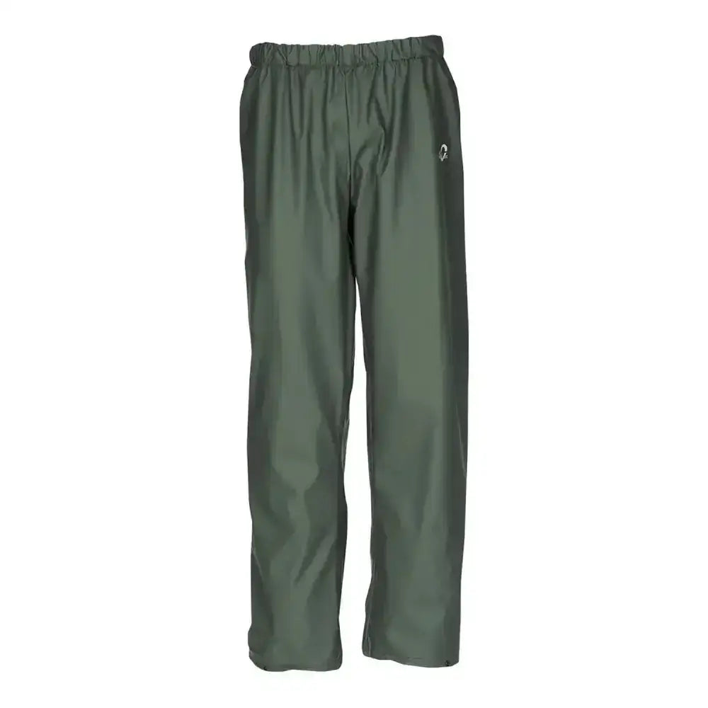 Dark green flexothane classic rotterdam trousers with elastic waist and subtle logo on thigh for rainy days